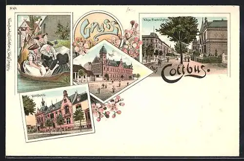 Lithographie Cottbus, Kaiser Friedrichstrasse, Post, Kreishaus