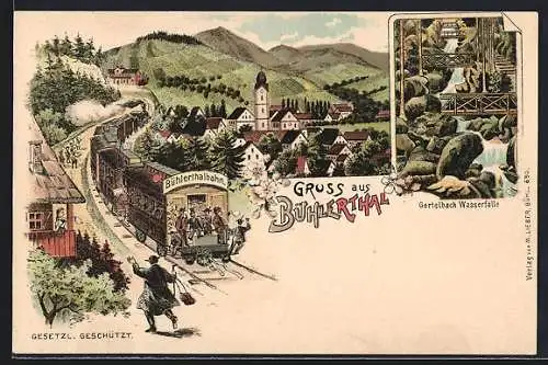 Lithographie Bühlertal, Totalansicht mit Bühlertahlbahn und Kirche