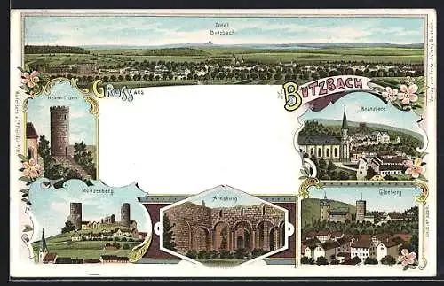 Lithographie Butzbach, Hexen-Thurm, Kranzberg, Gleeberg, Totalansicht mit Fernblick