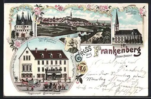 Lithographie Frankenberg / Eder, Ortsansicht, Blick auf Hotel Schmidtmann, Rathaus u. Luth. Kirche