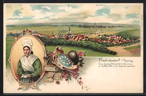 Lithographie Friedrichsdorf / Taunus, Ansicht aus der Vogelschau, Frau in Alt-Friedrichsdörfer Tracht