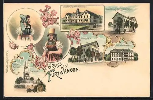 Lithographie Furtwangen, Grossherzogliche Uhrmacherschule, Städtische Volksschule