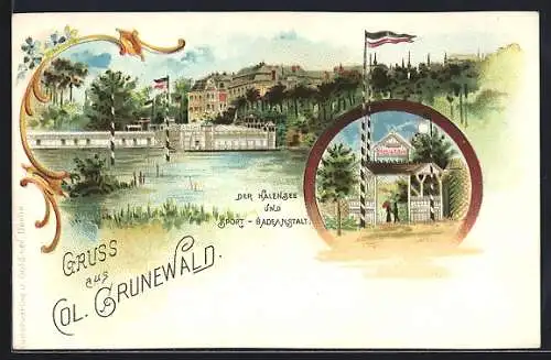 Lithographie Berlin-Halensee, Colonie Grunewald, Halensee und Sport-Badeanstalt, Hölzernes Eingangstor mit Fahnenstange