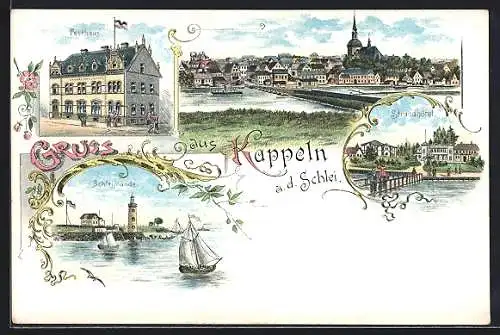 Lithographie Kappeln a. d. Schlei, Strandhotel, Post, Schleimünde, Ortsansicht
