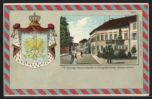 Passepartout-Lithographie Germersheim, K. Festungs-Kommandatur & Kriegerdenkmal, Wappen