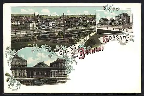 Lithographie Gössnitz / Thür., Bahnhof mit Strassenbahn, Ortsansicht