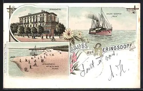 Lithographie Heringsdorf / Seebad, Strandhotel, Strandbartie mit Ahlbeck-Blick, Salon-Dampfer Freia