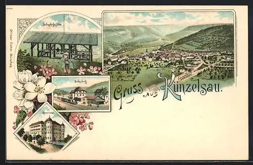 Lithographie Künzelsau, Bahnhof, Schutzhütte, Gesamtansicht