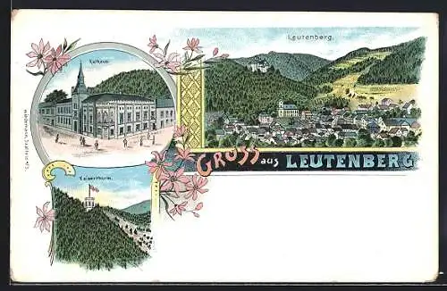 Lithographie Leutenberg / Saale, Kaiserthurm, Rathaus mit Strasse, Ortsansicht aus der Vogelschau