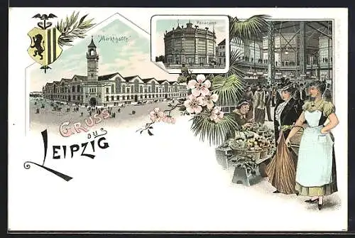 Lithographie Leipzig, Markthalle, Innenansicht, Panorama