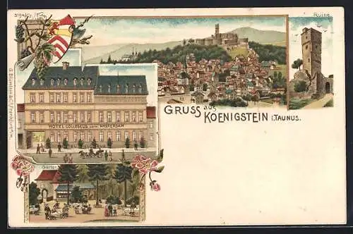 Lithographie Königstein i. T., Hotel Colloseus vorm. Amsterdam mit Garten, Gesamtansicht mit Ruine, Wappen