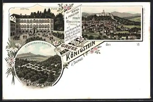 Lithographie Königstein i. T., Hotel-Pension Pfaff mit Garten aus der Vogelschau, Ortsansicht mit Ruine