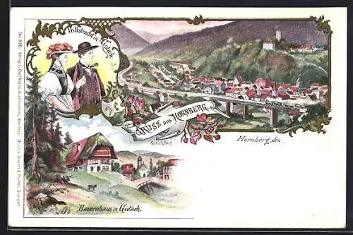 Lithographie Hornberg / Schwarzwald, Bauernhaus u. Volkstracht in Gutach, Gesamtansicht mit Viadukt