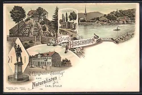 Lithographie Hirschhorn /Neckar, Langbeins Gasthof zum Naturalisten, Inh. Carl Stulz