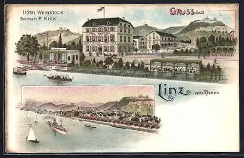 Lithographie Linz am Rhein, Hotel Weinstock, Bes. P. Kick, Ortsansicht