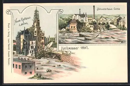 Lithographie Dresden-Cotta, Hochwasser 1897, zerstörtes Schusterhaus & zerstörtes Neues Rathaus in Löbtau