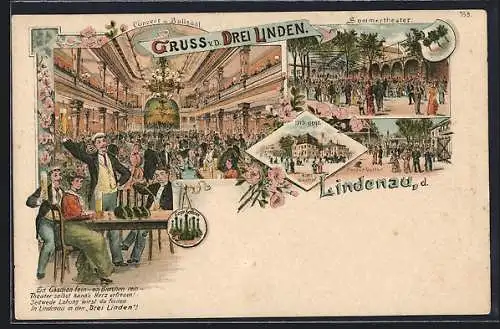 Lithographie Leipzig-Lindenau, Gasthaus Drei Linden