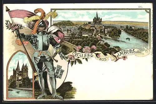 Lithographie Limburg a. d. L., Dom, Ortsansicht, Ritter mit Fahne