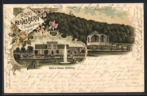 Lithographie Blankenburg /Harz, Hotel u. Pension Heidelberg