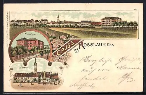 Lithographie Rosslau a. d. Elbe, Volksschule, Marktplatz, Ortsansicht