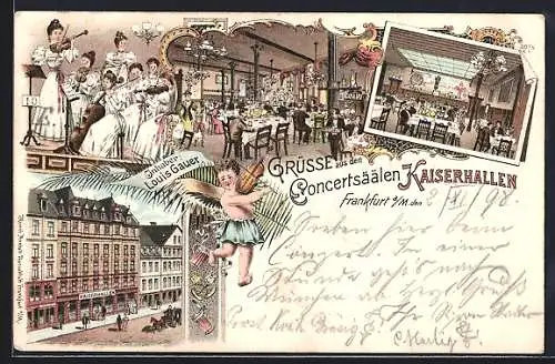 Lithographie Frankfurt a. M., Concertsäle Kaiserhallen, Bühne mit Musikerinnen