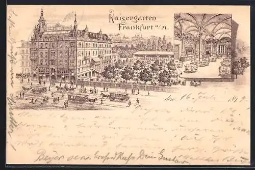 Lithographie Frankfurt a. M., Gasthaus Kaisergarten, Pferdebahnen