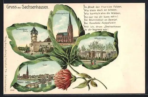 Passepartout-Lithographie Sachsenhausen, Sachsenhäuser Warte, Dreikönigskirche, Affentorplatz, Kleeblatt