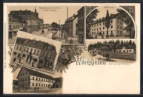 Lithographie Wörishofen, Hotel zur Stadt München, Hotel Urban, Hotel Krone