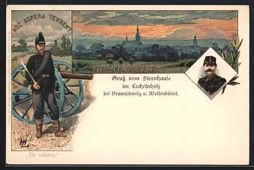 Lithographie Wolfenbüttel, Sternhaus im Lechelnholz, Soldaten