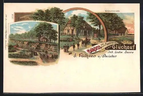 Lithographie Völksen a. Deister, Gasthaus zum Glückauf, Inh. Ludw. Senne, Waldschmiede