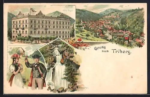 Lithographie Triberg, Hotel Engel, Personen in Trachten, Wasserfall, Ortsansicht