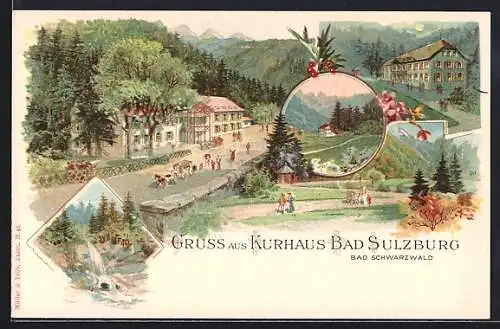 Lithographie Bad Sulzburg / Schwarzwald, Kurhaus, Kutsche, Kurgäste