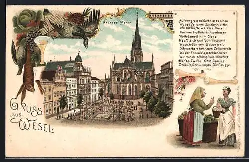 Lithographie Wesel / Rhein, Grosser Markt, Marktfrauen
