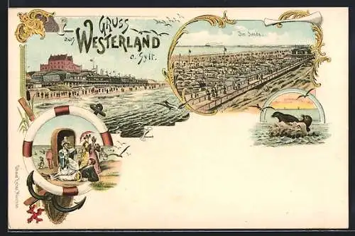 Lithographie Westerland / Sylt, Im Sande, Seehunde, Strandpromenade