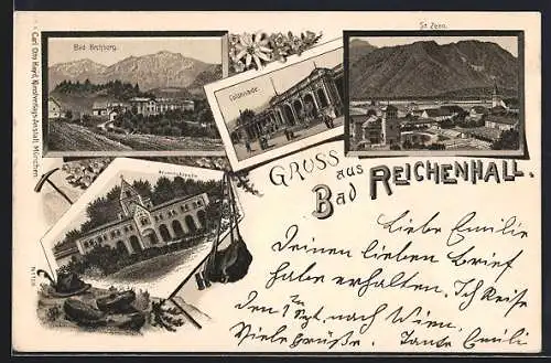 Lithographie Reichenhall, BAd Kirchberg, Colonnade, St. Zeno, Brunnenkapelle