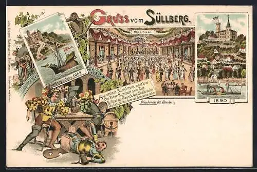 Lithographie Hamburg-Blankenese, Süllberg i. Jahre 1059 und 1890, Ballsaal, Ritter Kunibert trinkt Bier