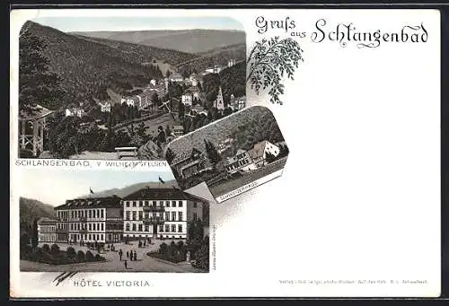 Lithographie Schlangenbad, Hotel Victoria, Schweizerhaus, Ortsansicht