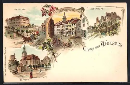 Lithographie Thiengen / Baden, Hauptstrasse, Schloss, Küssaburg, Kirche