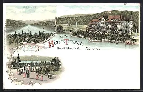 Lithographie Titisee / Schwarzwald, Hotel Titisee, Blick über den See