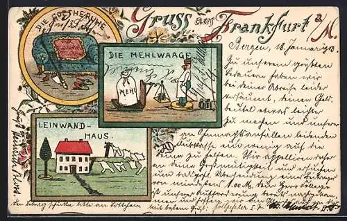 Lithographie Frankfurt a. M., Goetheruhe, Mehlwaage, Leinwand-Haus, Naive humoristische Zeichnungen