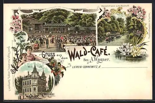 Lithographie Leipzig-Connewitz, Wald-Cafe A. Wagner mit Garten, Wasserstrasse zum Waldcafe