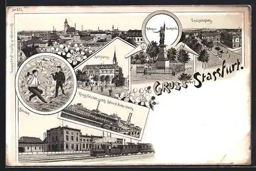 Lithographie Stassfurt, Bahnhof mit Dampflok, Louisenplatz aus der Vogelschau, Königl Salzbergwerk mit Schacht Achenbach