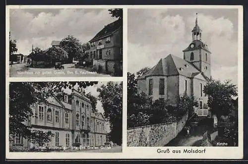 AK Molsdorf i. Thür., Gasthaus zur guten Quelle, Schloss, Kirche