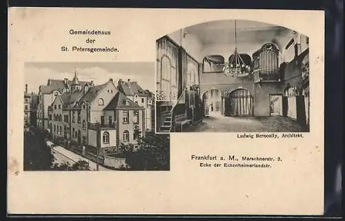 AK Frankfurt a. M., Gemeindehaus der St. Petersgemeinde aus der Vogelschau, Innenansicht