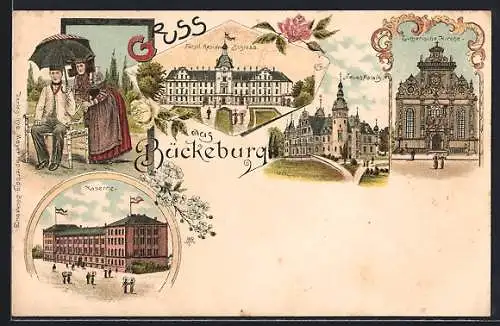 Lithographie Bückeburg, Kaserne, Fürstl. Residenzschloss, Neues Palais