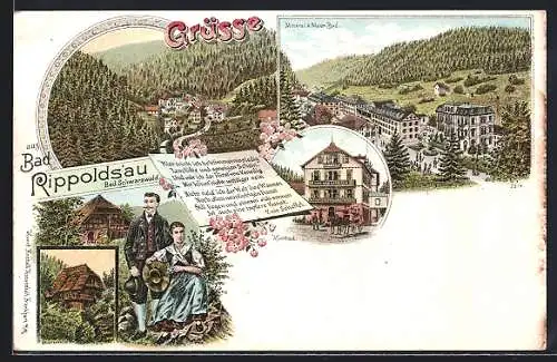 Lithographie Bad Rippoldsau, Mineral- & Moor-Bad, Paar in Schwarzwälder Tracht