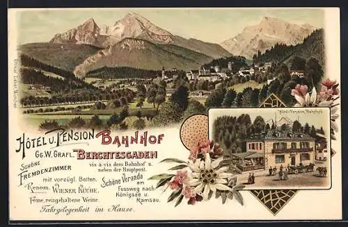 Lithographie Berchtesgaden, Hotel-Pension Bahnhof Gg. W. Grafl, Gesamtansicht mit Alpenpanorama