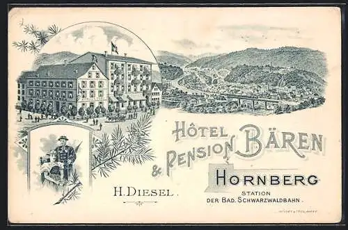 Lithographie Hornberg / Schwarzwald, Hotel-Pension Bären H. Diesel mit Strasse