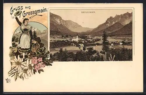 Lithographie Grossgmain, Grüssendes Trachtenmädchen, Bergblumen, Gesamtansicht mit Bergpanorama