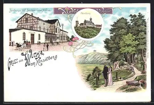 Lithographie Wutha am Hörselberg, Gasthof Bamberger Hof O. Möbius mit Strasse, Wartburg, Landschaftsidylle mit Paar